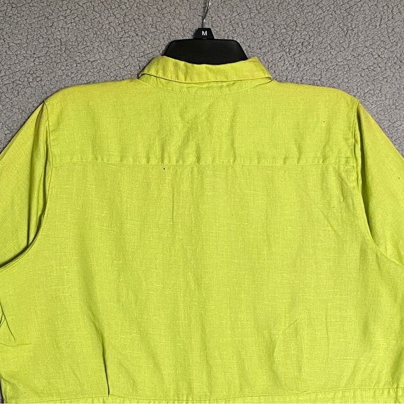100% Linen Blouse Womens Size XL Flouresent Green Button Up - Picture 9 of 13